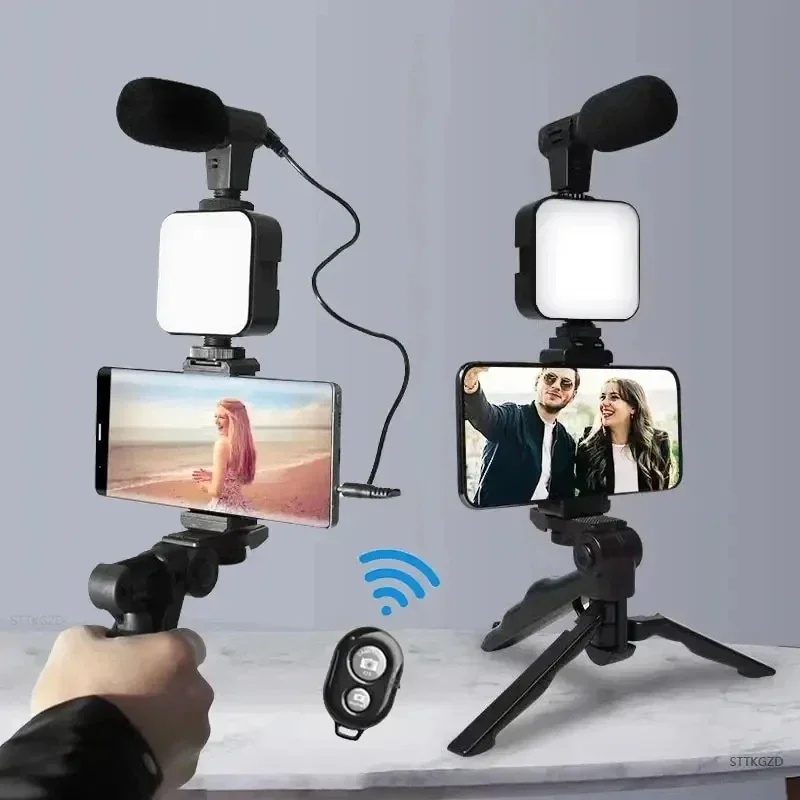 Trépied Support de téléphone Smartphone VzonKit avec mini microphone, lumière de remplissage LED, démarreur pour TikTok Live Stream Video prometteur
