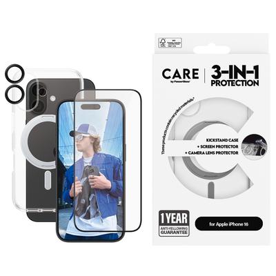 CARE BY PANZERGLASS Displayschutzglas "3-in-1 Protection, Ceramic Glass, Kickstand Case, Lens Cover", schwarz (transparent, silber, schwarz), B:11,00cm H:2,60cm T:19,60mm, Displayfolien, Displayschutzfolie, Schutzfolie, Bildschirmschutz, kratz- &...