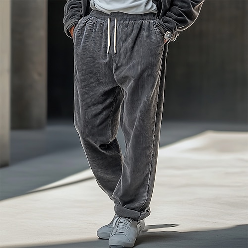 Herren Anzughosen Cordhose Hose Hosen Freizeithose Kordelzug Elastische Taille Gerade geschnitten Glatt Komfort Warm In voller Länge Outdoor Casual Täglich Modisch Strassenmode Schwarz Khaki Image