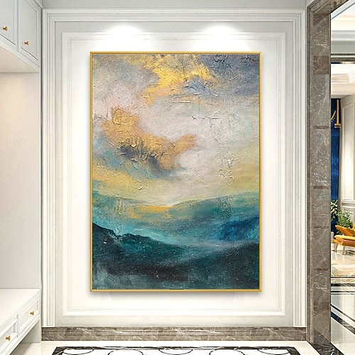 handgefertigtes Ölgemälde auf Leinwand, Wandkunst, Dekoration, abstraktes Messergemälde, Landschaftsblau, für die Inneneinrichtung, gerolltes, rahmenloses, unbelastetes Gemälde Image