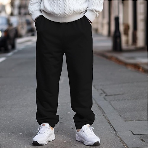 Herren Jogginghose Fleecehose Hose Gerade geschnittene Sweatpants Elastischer Bund Gerader Schnitt Einfarbig Einfach Atmungsaktiv Volle Länge Sport im Freien Lässig / Sportlich Athleisure Schwarz Image