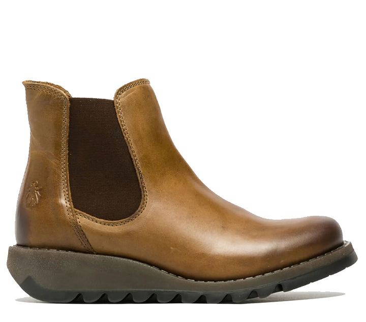 Fly London Damen SALV Chelsea-Stiefel aus Leder in Kamel mit Keilabsatz