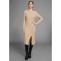 Strickkleid HECHTER PARIS, Damen, Gr. 34, N-Gr, beige (beige, melange), Rippstrick, Obermaterial: 50% Viskose, 28% Polyester, 22% Polyamid, gestreift, feminin, figurbetont wadenlang, Rundhals, Langarm, Kleider, mit Zierknopfleiste