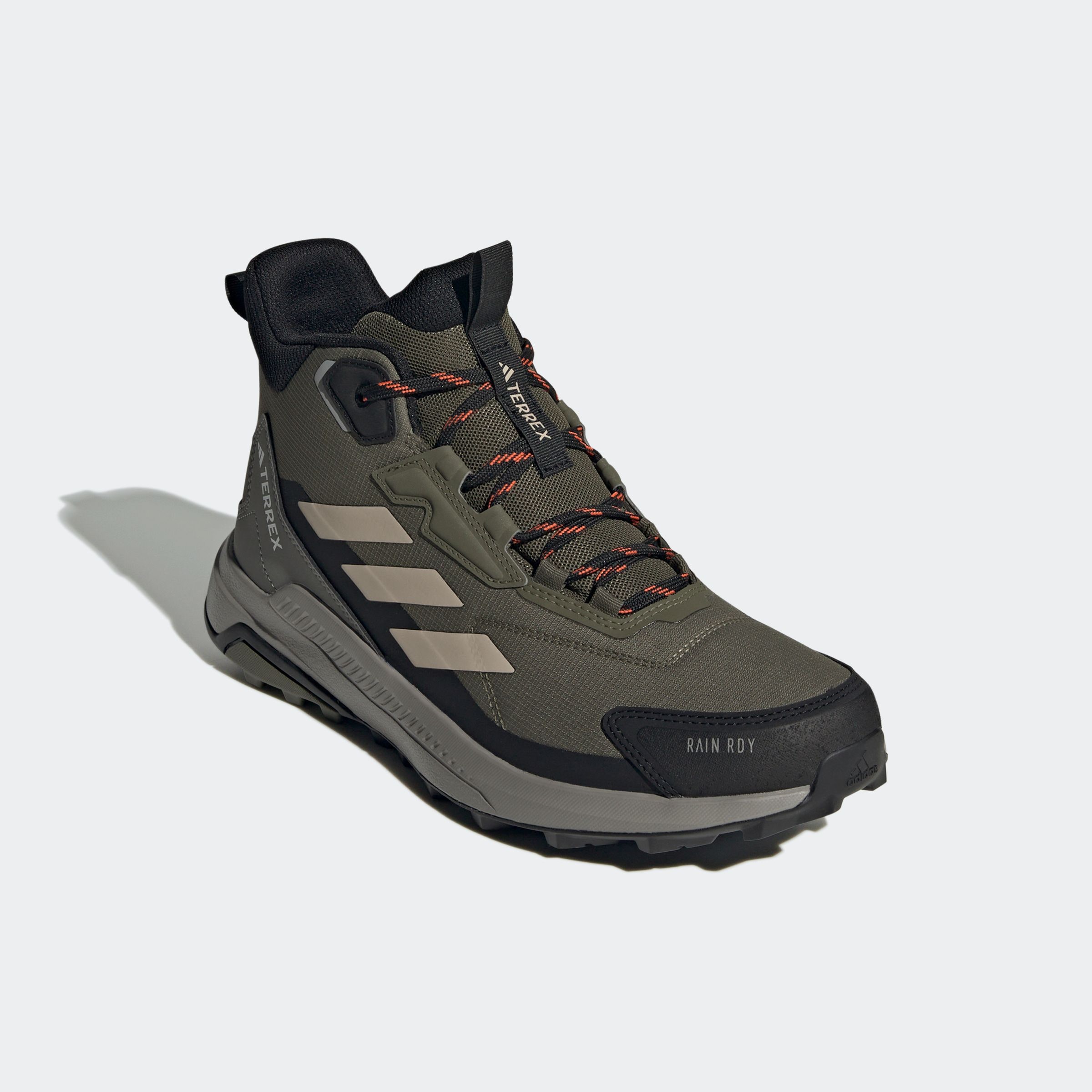 Wanderschuh ADIDAS TERREX "ANYLANDER MID RAIN.RDY", Gr. 45, grün (olive strata, wonder beige, core schwarz), Textil, Sportlich, Schuhe, wasserdicht