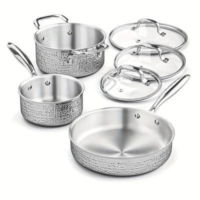 TEMU Wodillo 6pcs Hammered Cookware Set, Stainless Steel Pots And Pans Set With Tempered Glass Lids, Kitchen Induction Cooking Pot And Pan Set Compatible With All Cooktops, Oven & Dishwasher Safe