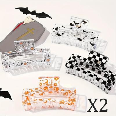 TEMU 8pcs Hair Claw Clips Set For Women - Large Oblong Shape, Plastic Material, Punk & Y2k Style, Bat Pumpkin Print, Hollow Design, Strong Grip, Ideal For And Daily Use