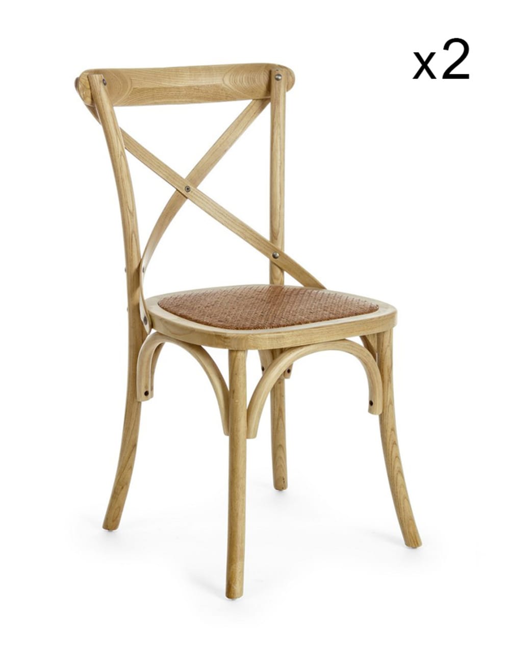 Set di 2 sedie in legno di olmo marrone e rattan naturale