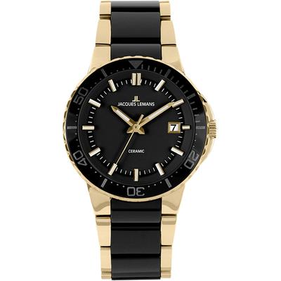 Keramikuhr JACQUES LEMANS, schwarz (goldfarben, schwarz), Armbanduhren, Damen, Quarzuhr, Armbanduhr, Damenuhr, Datum, Keramikarmband Image