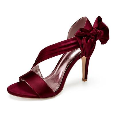 Women's Burgundy Satin High Heels – Elegant Open-Toe Cocktail Sandals with Crisscross Straps and Bow for Weddings and Parties