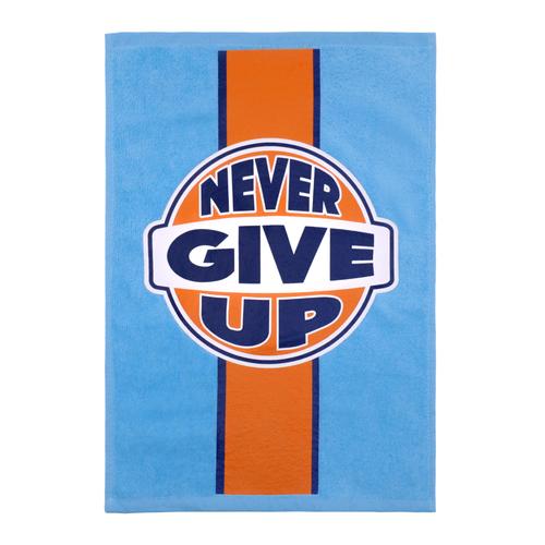 Hellblaues/orangefarbenes Rallye-Handtuch „Never Give Up“ von John Cena, 11 x 45,7 cm