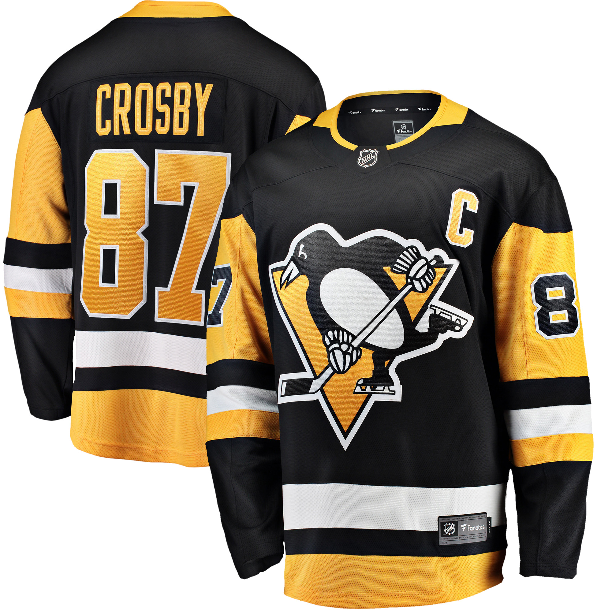 Schwarzes Pittsburgh Penguins-Heimtrikot mit Kapitänsaufnäher und Sidney Crosby Fanatics Breakaway Image