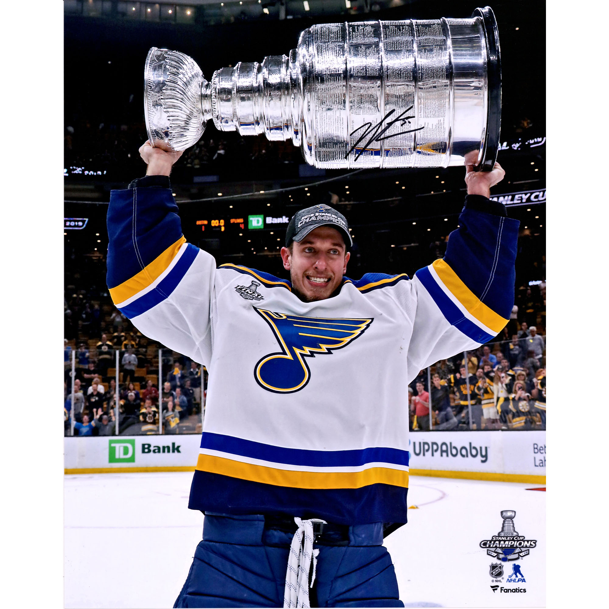 Jordan Binnington, St. Louis Blues, signiertes 16" x 20" Foto „Raising Cup“ der Stanley Cup-Sieger 2019 Image