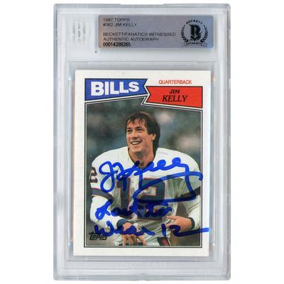 Jim Kelly, Buffalo Bills, signierte 1987 Topps #362 Beckett Fanatics, bezeugte authentifizierte Rookie-Karte mit der Aufschrift „LAST TO WEAR 12“ Image