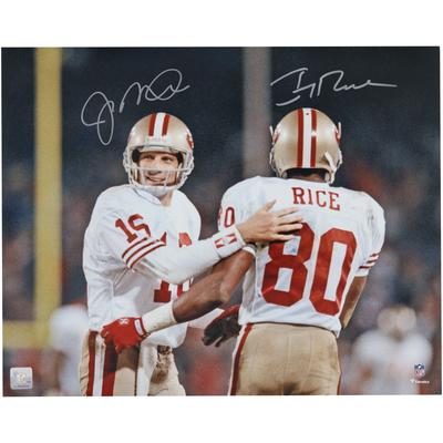 Joe Montana und Jerry Rice, San Francisco 49ers, signiertes 16 x 20 Zoll großes Side-by-Side-Spotlight-Foto Image