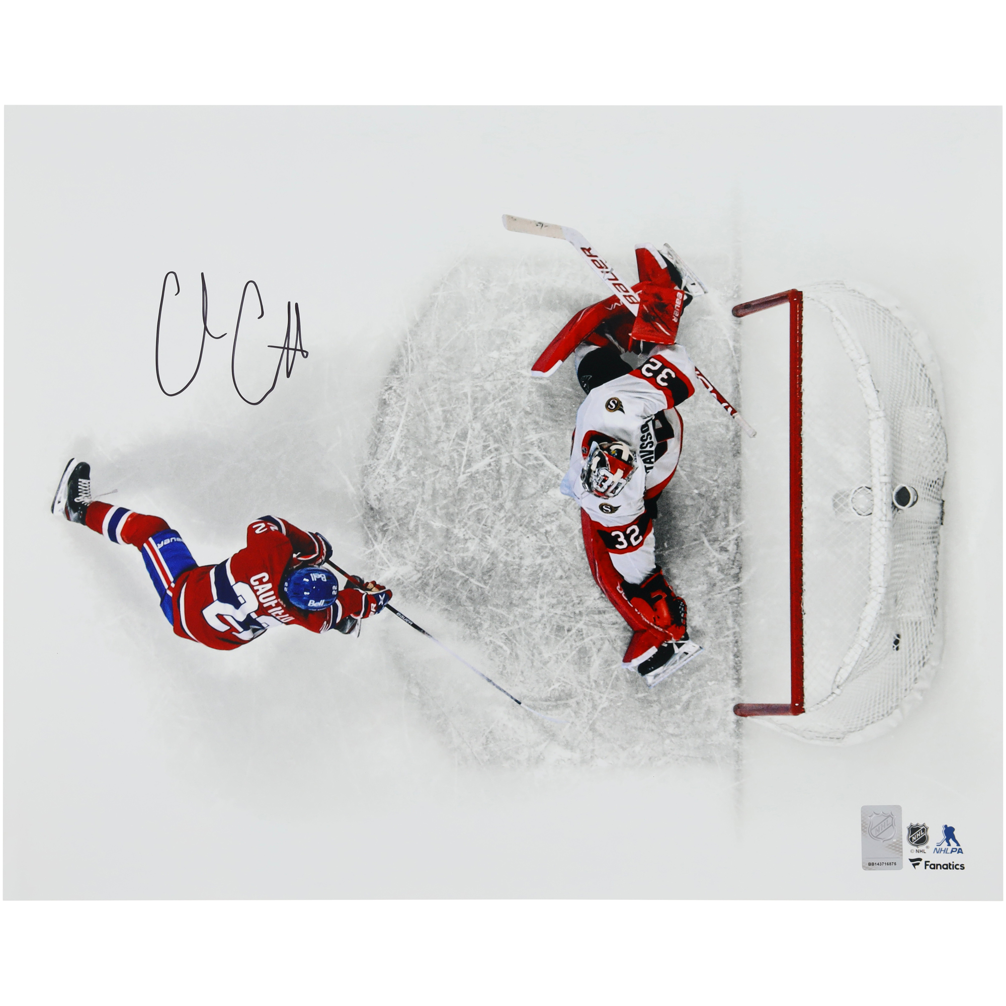 Von Cole Caufield signiertes 16 x 20 Zoll großes Foto des ersten NHL-Tors der Montreal Canadiens Image