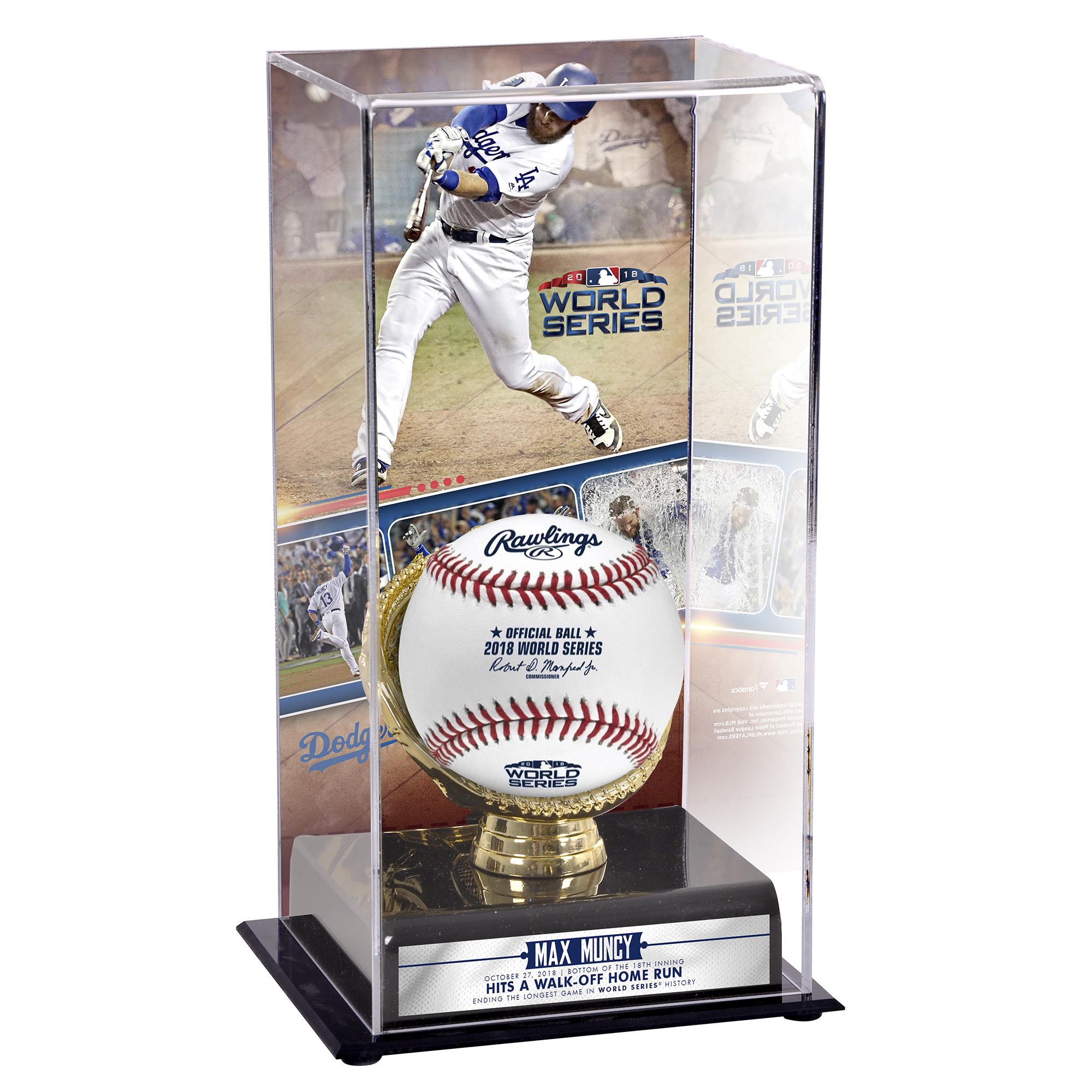 Sublimierte Vitrine mit Bild von Max Muncy, Los Angeles Dodgers, Spiel 3 der World Series 2018, Walkoff Home Run Image