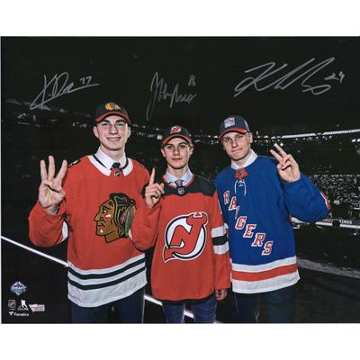 Signiertes 16 x 20 Zoll großes Top-3-Foto von Jack Hughes Kaapo Kakko und Kirby Dach aus dem NHL Draft 2019 Image