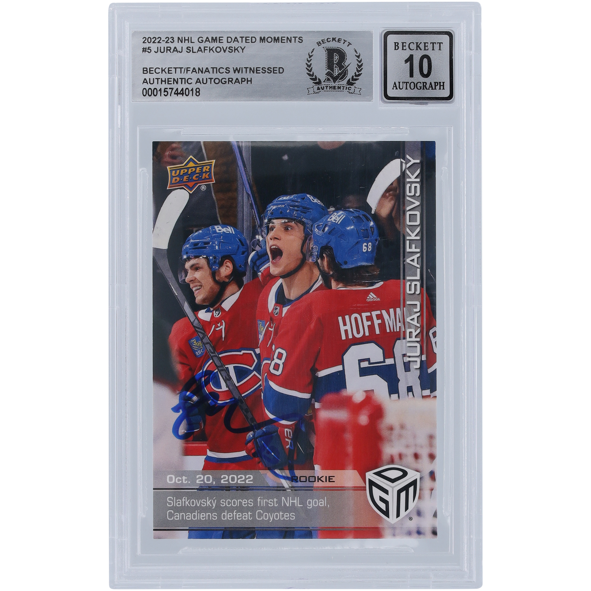 Juraj Slafkovsky Montreal Canadiens signiertes 2022-23 Upper Deck Spiel datierte Momente erstes Tor #5 Beckett Fanatics Zeuge authentifizierte 10 Rookie-Karte Image