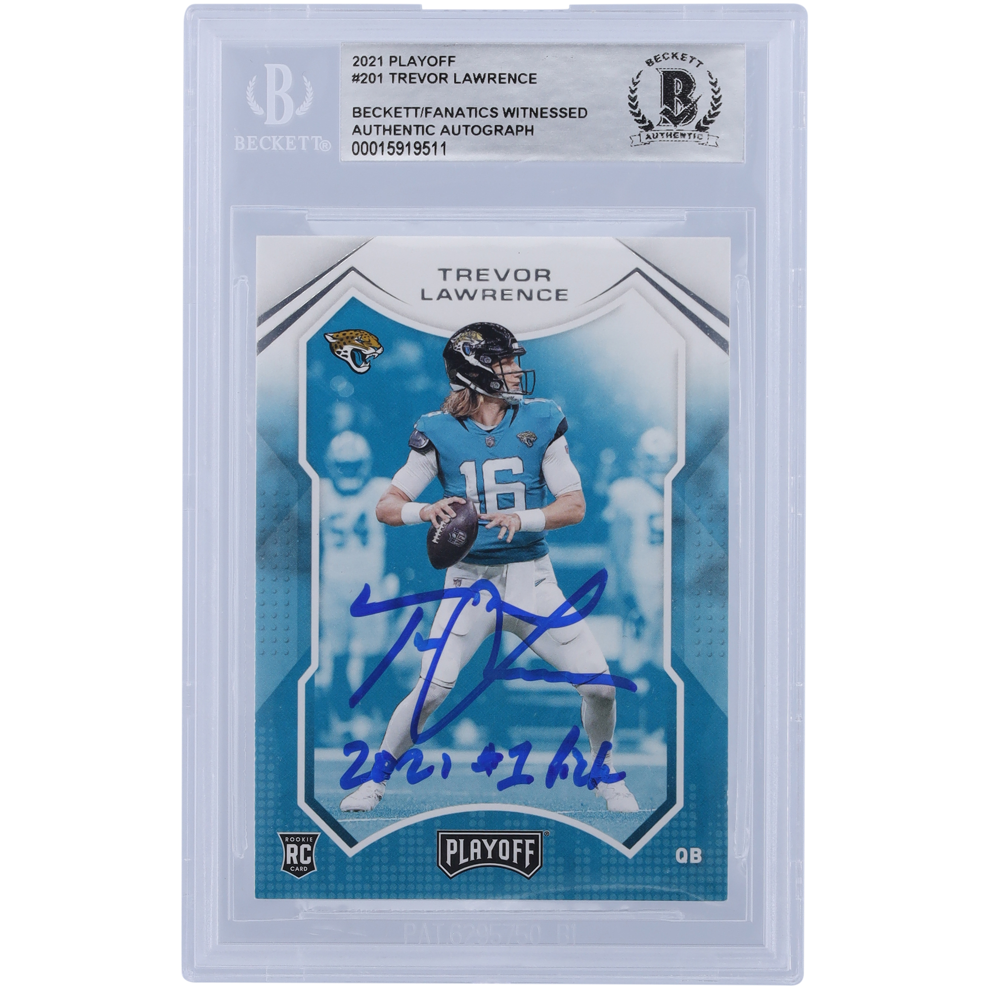 Trevor Lawrence Jacksonville Jaguars signierte 2021 Panini Playoff #201 Beckett Fanatics bezeugte authentifizierte Rookie-Karte mit der Aufschrift „2021 #1 Pick“ Image