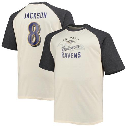 Lamar Jackson Oatmeal Baltimore Ravens Big & Tall Raglan-T-Shirt mit Spielernamen und -nummer für Herren