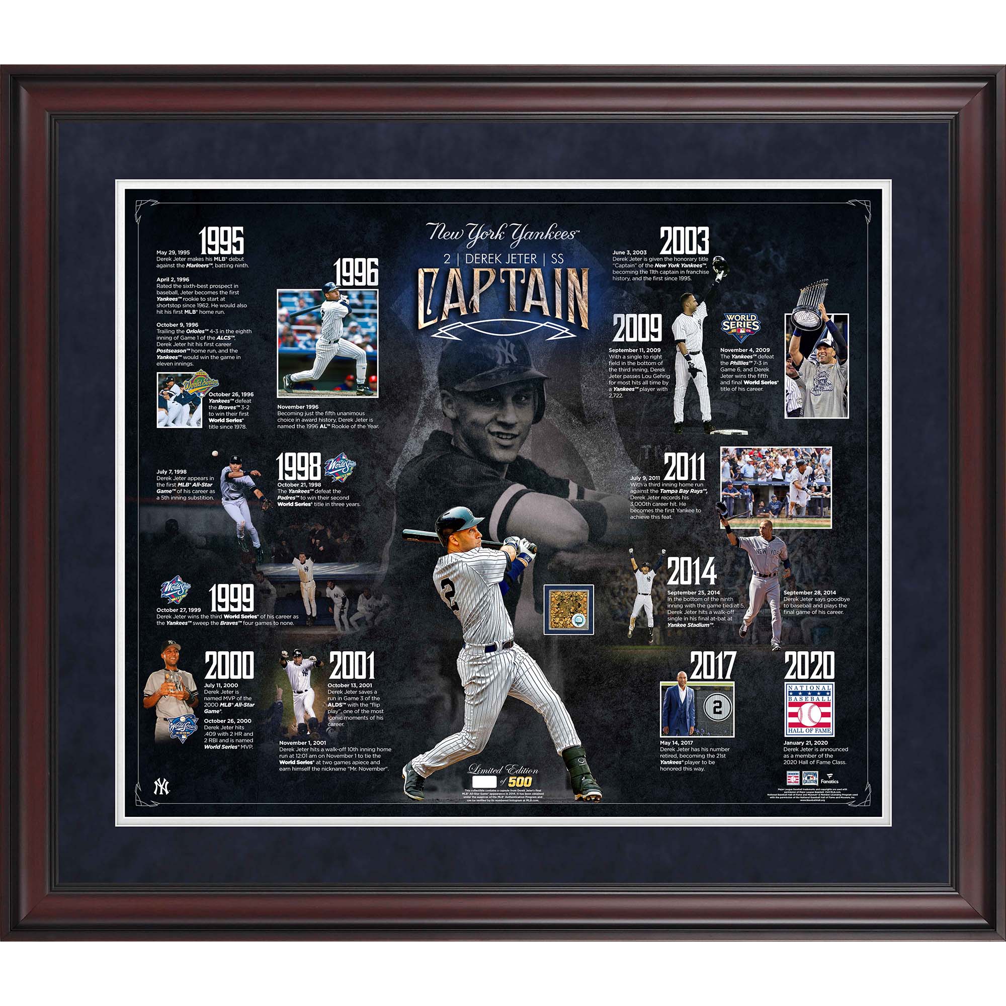 Derek Jeter New York Yankees, gerahmte Collage mit Karriere-Zeitleiste, 50,8 x 61 cm, mit einer Kapsel aus beim Spiel verwendetem Schmutz – Version 3 – limitierte Auflage von 500 Stück Image