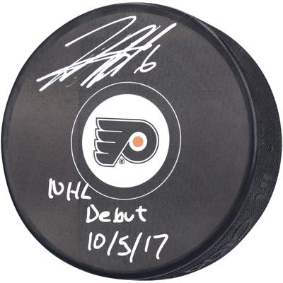 Von Travis Sanheim signierter Hockeypuck der Philadelphia Flyers mit der Aufschrift „NHL DEBUT 10/5/17“ Image