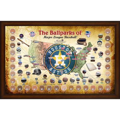 Gerahmte MLB Parks-Kartencollage der Houston Astros, 20 x 32 Zoll, mit beim Spiel verwendetem Schmutz aus allen 30 Stadien Image