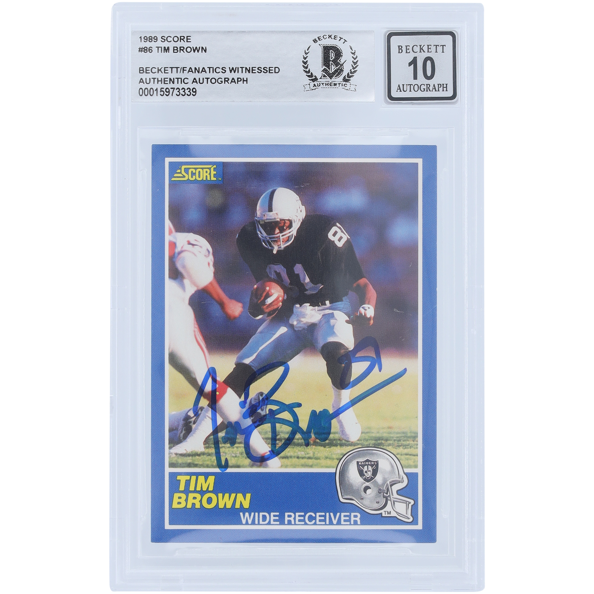 Tim Brown, Los Angeles Raiders, signiert, 1989, Score Series 1, Nr. 86, Beckett, von Fanatics bezeugt, authentifizierte 10 Rookie-Karte Image
