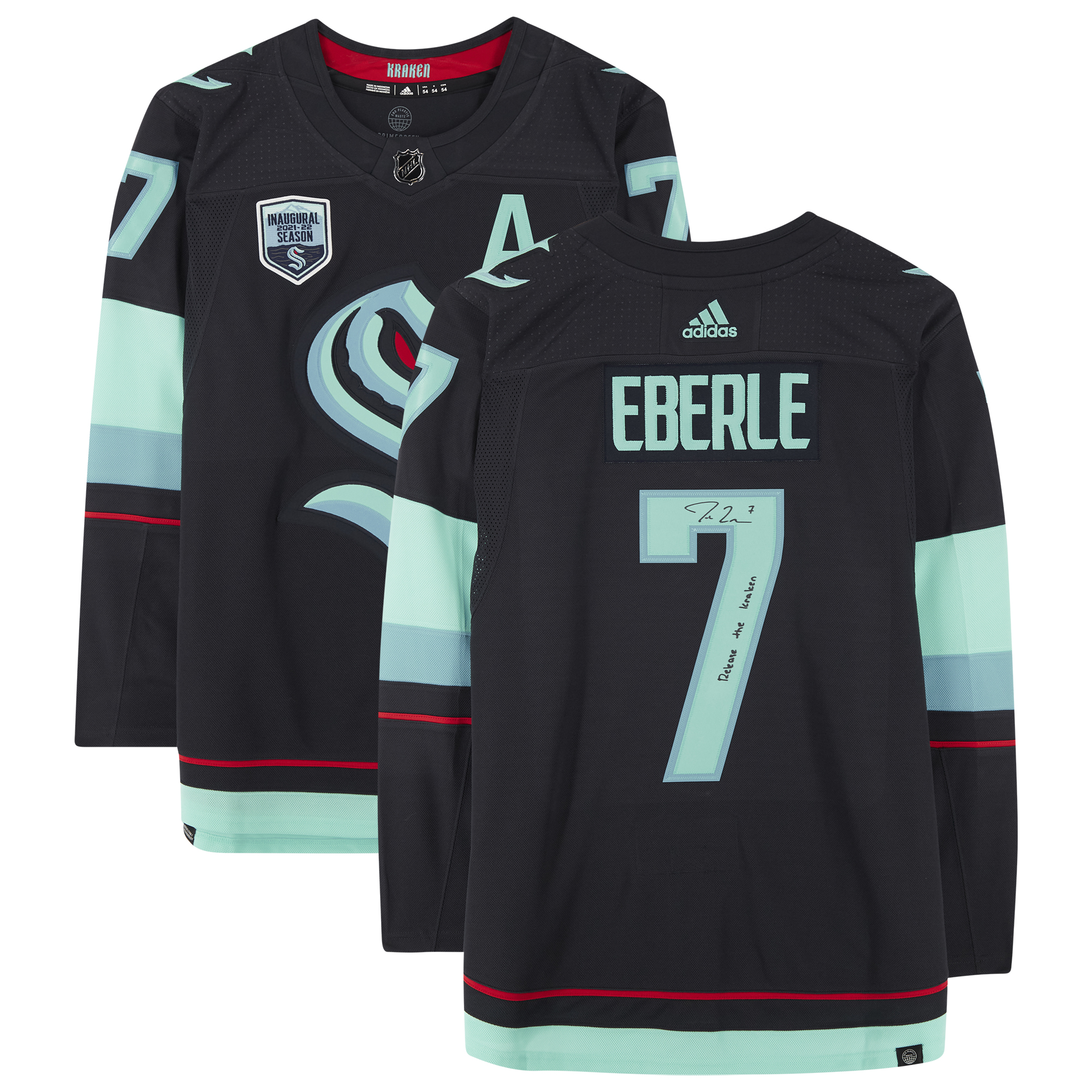 Jordan Eberle Seattle Kraken signiertes marineblaues authentisches adidas-Trikot mit „Release The Kraken“-Aufschrift und Trikot-Aufnäher der Eröffnungssaison Image