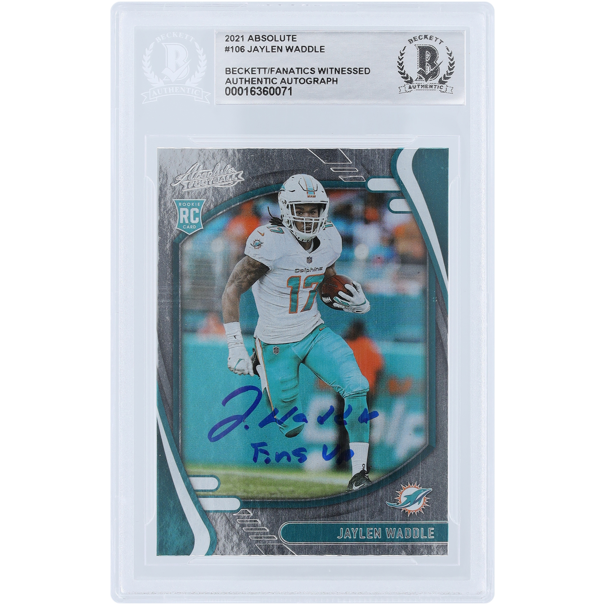 Jaylen Waddle Miami Dolphins signierte 2021 Panini Absolute #106 Beckett Fanatics bezeugte authentifizierte Rookie-Karte mit "Fins Up"-Aufschrift Image
