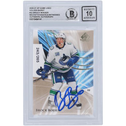 Brock Boeser Vancouver Canucks Autogrammkarte 2020–21 Upper Deck SP Spiel gebraucht Golden Burst #22 #/265 Beckett Fanatics bezeugt authentifiziert 10 Karte