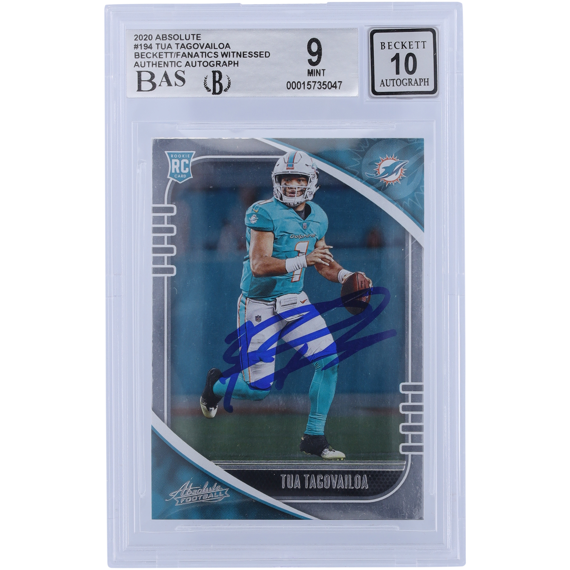 Tua Tagovailoa Miami Dolphins signierte 2020 Panini Absolute #194 Beckett Fanatics bezeugte authentifizierte 9/10 Rookie-Karte Image