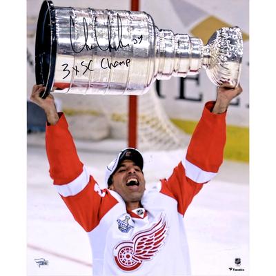 Signiertes 16 x 20 Zoll großes Raising Cup-Foto von Chris Chelios, Detroit Red Wings, mit der Aufschrift „3x SC Champ“ Image