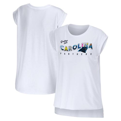 Damenbekleidung von Erin Andrews Weißes Carolina Panthers Greetings From Muscle T-Shirt