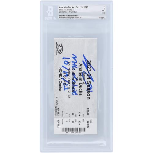 Signiertes NHL-Debütticket von Leo Carlsson, Anaheim Ducks, mit der Aufschrift „NHL Debut 10/19/23“ – BAS Authenticated 9 Auto 10