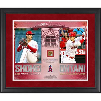 Shohei Ohtani, Los Angeles Angels 2021 AL MVP, gerahmte 16 x 20 Zoll große Collage mit einer Kapsel aus beim Spiel verwendetem Schmutz Image