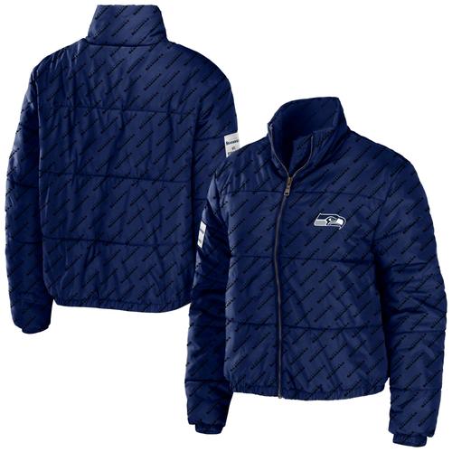 Damenbekleidung von Erin Andrews College Navy Seattle Seahawks Puffer-Kurzjacke mit durchgehendem Reißverschluss