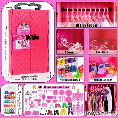 TEMU 105 Pcs Doll Closet Set Closet Playest Toys Doll Clothes And Accessories For 11.5 Inch Girl Doll Including , Shoes Rack, Dress, Shoes Hangers, Necklace (no Doll)