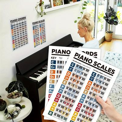 TEMU 2pcs Interactive Piano Learning Posters - Chord Charts & Music Theory Guide - Durable Peel & Stick Wall Art For Beginners, Guitarists, And Music Teachers - Enhance Your Sound Understanding