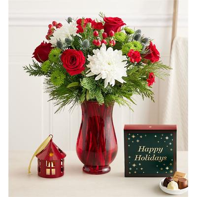 1-800-Flowers Flower Delivery Very Merry Bouquet W/ Red Vase, Lantern Ornament & Chocolate