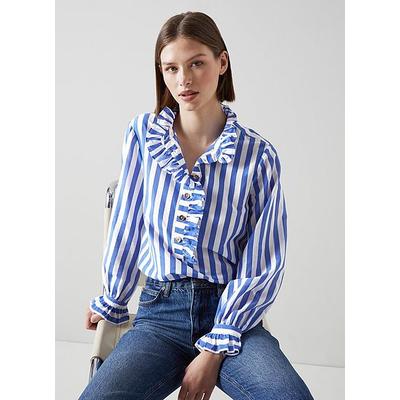 Camille Blue and White Stripe Cotton-Silk Ruffle Blouse, Amparo Bluewhite