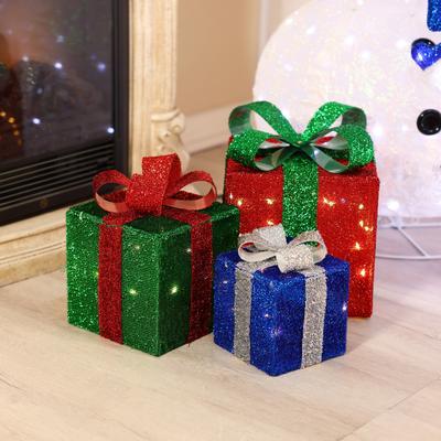 Set of 3 Set of 3 Present Gift Boxes with Bows Lighted Indoor Outdoor Holiday Decoration