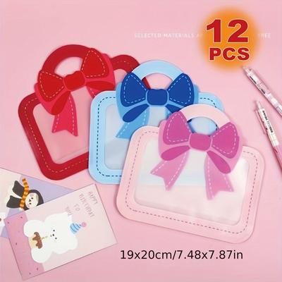 TEMU Pack Of 12 Bow-shaped Party Favor Bags, Plastic Gift Tote For Birthday, Christmas, Candy & Cookie Packaging - Assorted Colors (red, Pink, Blue) Image