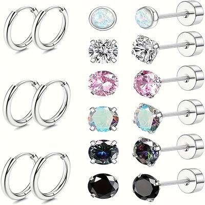 TEMU 9pairs/18pcs Surgical Steel Hypoallergenic Hoop And Stud Earrings Set For Sensitive Ears - Cz And Opal Flat Back Cartilage Earrings, 316 Stainless Steel, No Tarnish Or Allergy