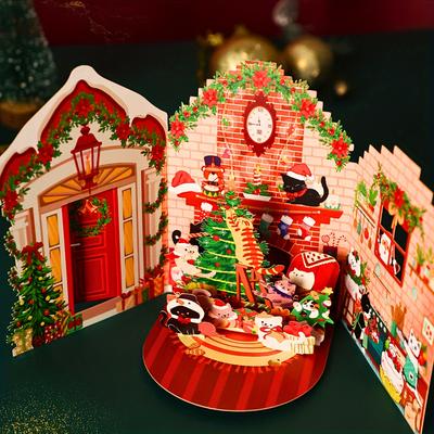 TEMU Festive Pop-up Christmas Card: Merry Christmas Cat Party - Home Decor With Message Card And Envelope Image