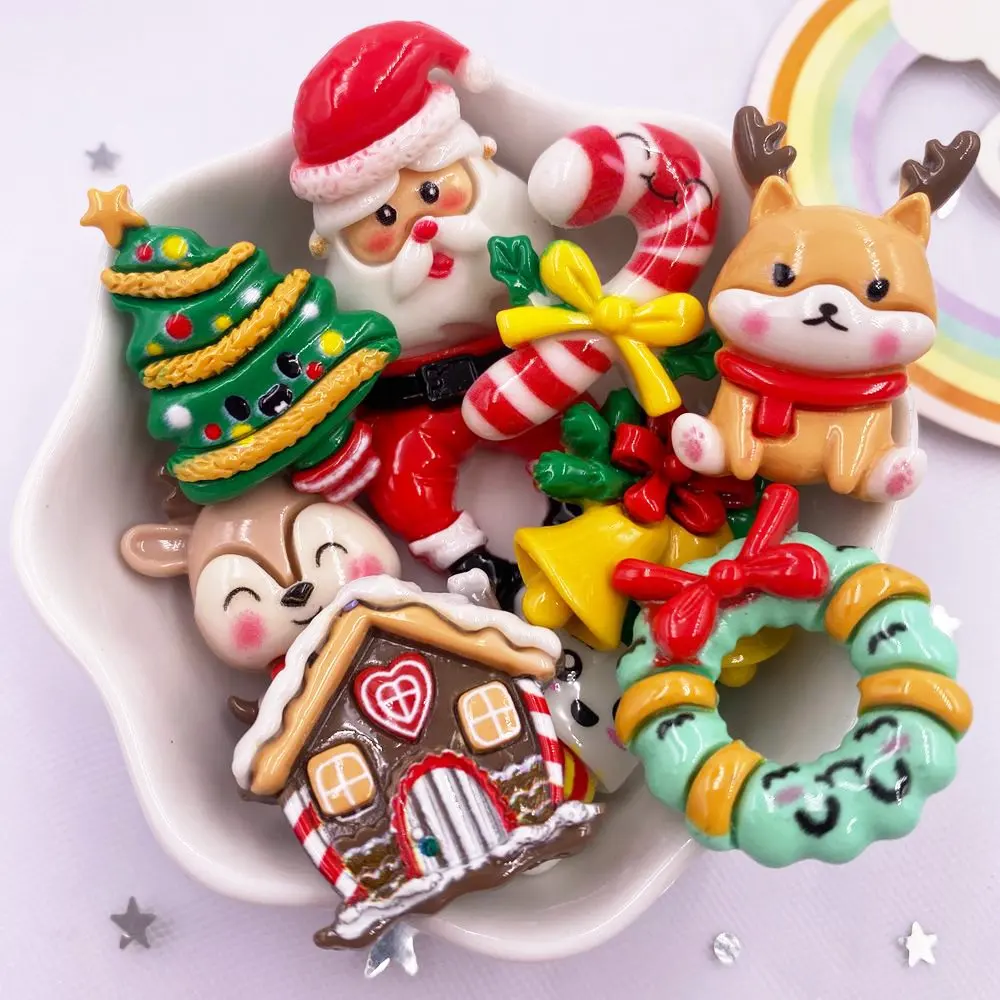 Résine Kawaii coloré arbres de père noël Elk bonhomme de neige cloches Flatback pierre dessin animé Figurine de noël 10 pièces Scrapbook bricolage décor artisanat