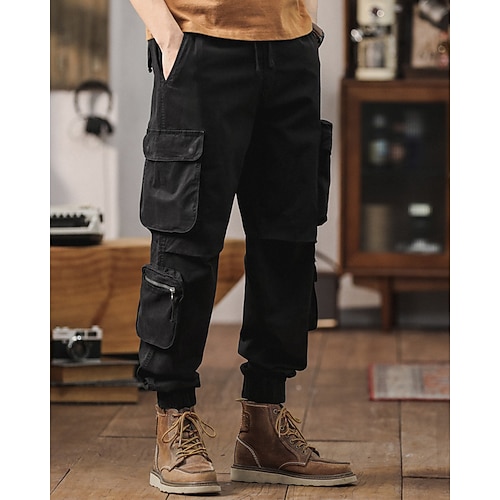 Herren Cargohose Cargohosen Hose Hosen Kordelzug Elastische Taille Multi Pocket Glatt tragbar Outdoor Täglich Campen und Wandern Modisch Klassisch Schwarz Armeegrün Image