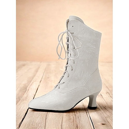 Damen Vintage Blumen Schnürstiefelette mit mittelhohem Absatz – elegante Jacquard Boots für den Retro-Style und besondere Anlässe Image