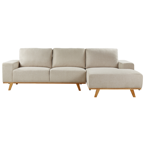 Ecksofa Beige Samt L-Förmig 3-Sitzer Sofa Linksseitig mit Polsterung Gepolstert Holzbeine Stoffsofa Modern Wohnzimmer Wohnecke Sitzecke Möbel