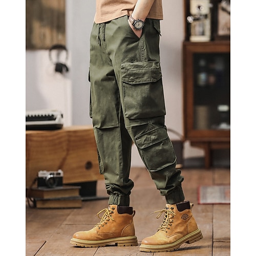 Herren Cargohose Cargohosen Hose Hosen Kordelzug Elastische Taille Multi Pocket Glatt tragbar Outdoor Täglich Campen und Wandern Modisch Klassisch Schwarz Armeegrün Image